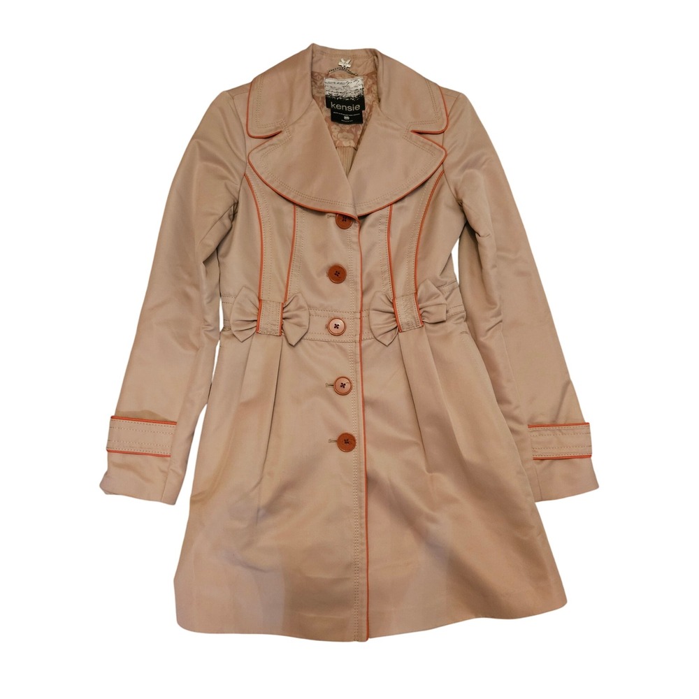 Kensie Tan Trench Coat Women's Size M Pleated Bow Detail Buttons Cute